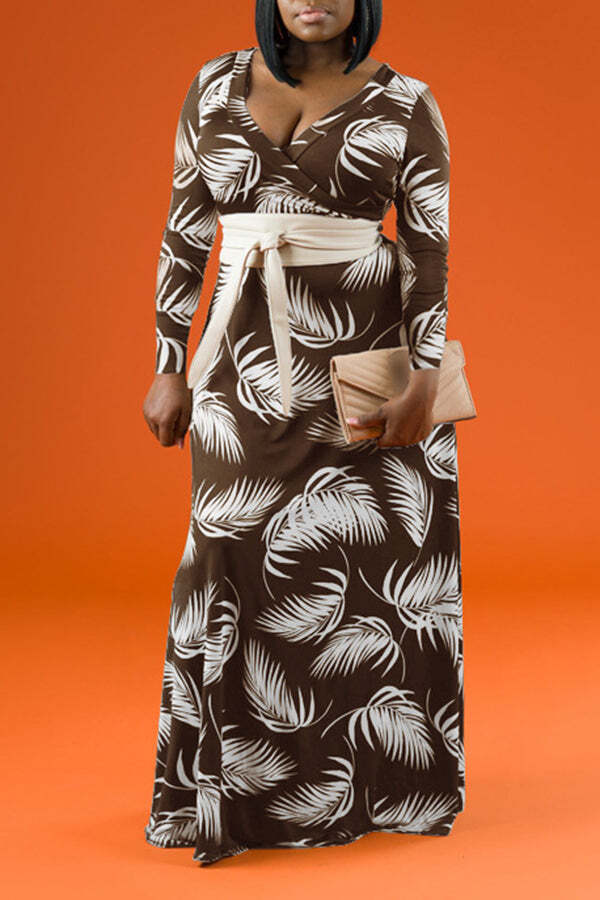 Leaf Print V Neck Maxi Dress