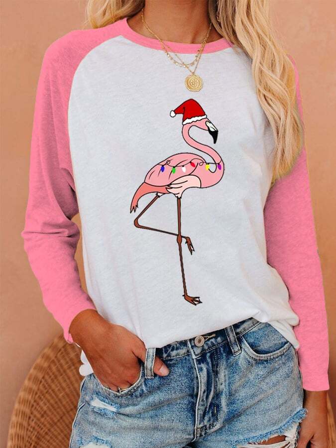 Women's Christmas Flamingo Print Casual Long-Sleeve T-Shirt