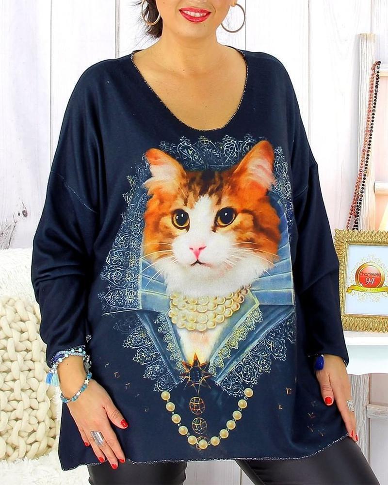 Cat Pattern Ladies Solid Color Plus Size Blouse