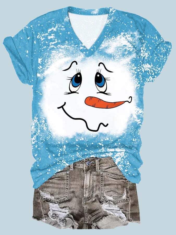 Women's Christmas Snowman Face Print V-Neck T-Shirt