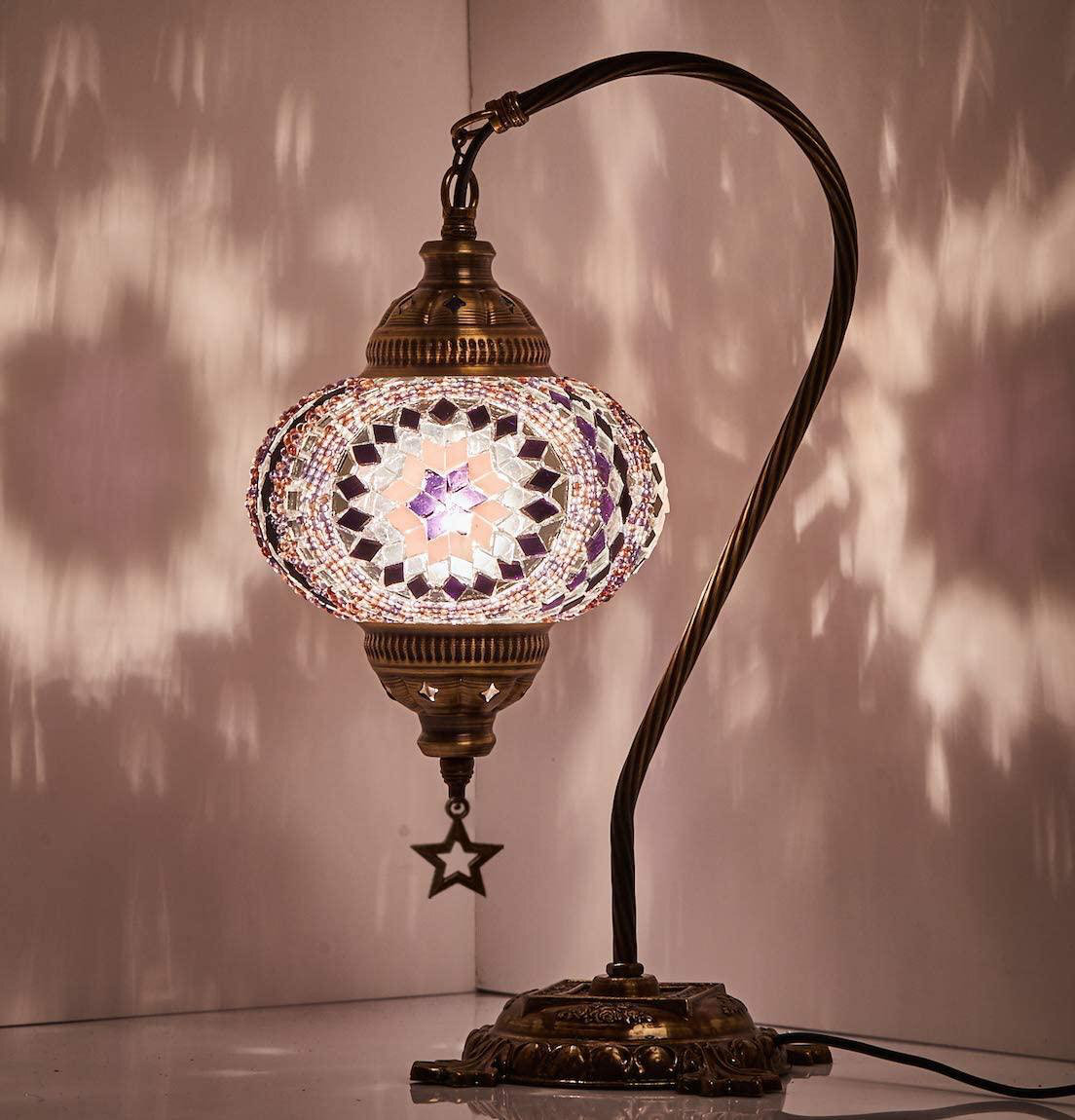 Turkish Moroccan Mosaic Table Lamp With US Plug & Socket, Swan Neck Handmade Desk Bedside Table Night Lamp Decorative Tiffany Lamp Light, Antique