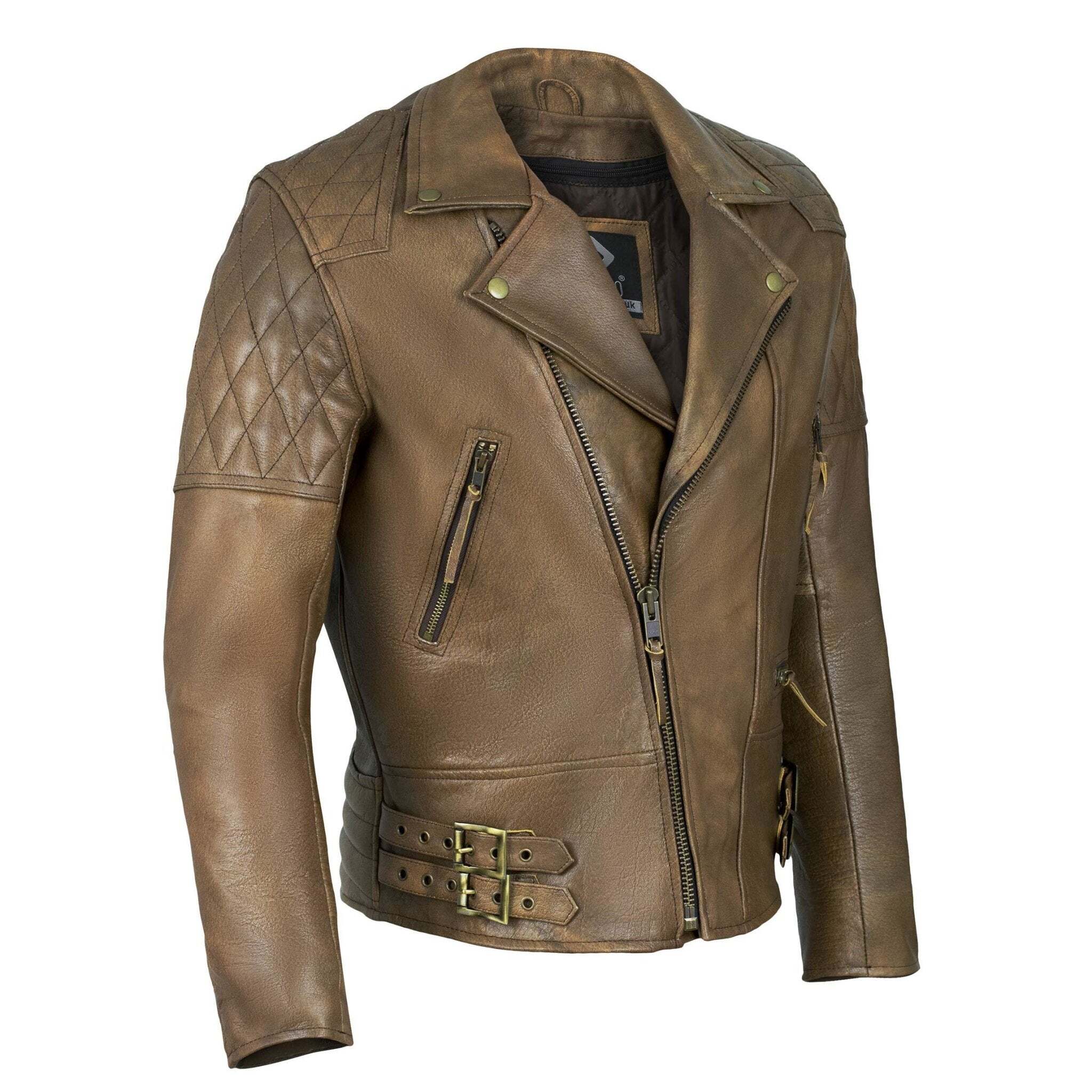 Classic Diamond Armoured Brown Biker Leather Jacket Motorcycle