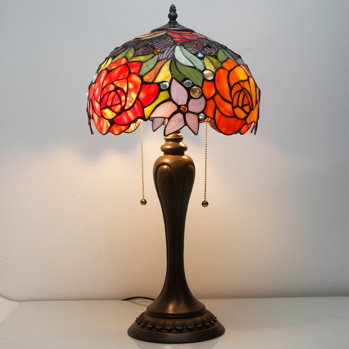 Stained Glass Table Lamp Red Flower Reading Light 12x12x22 Inch