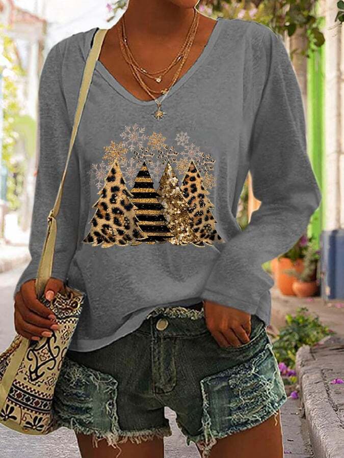 Women's Leopard Christmas Tree Print Long Sleeve V-Neck T-Shirt