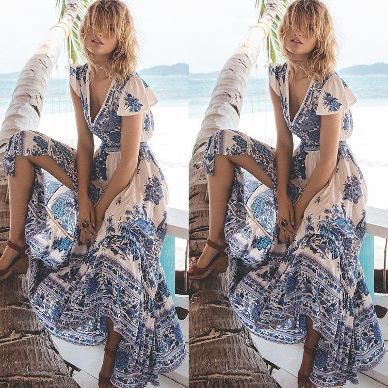 Printed V Neck Short Sleeve Vintage Beach Bohemia Maxi Dress