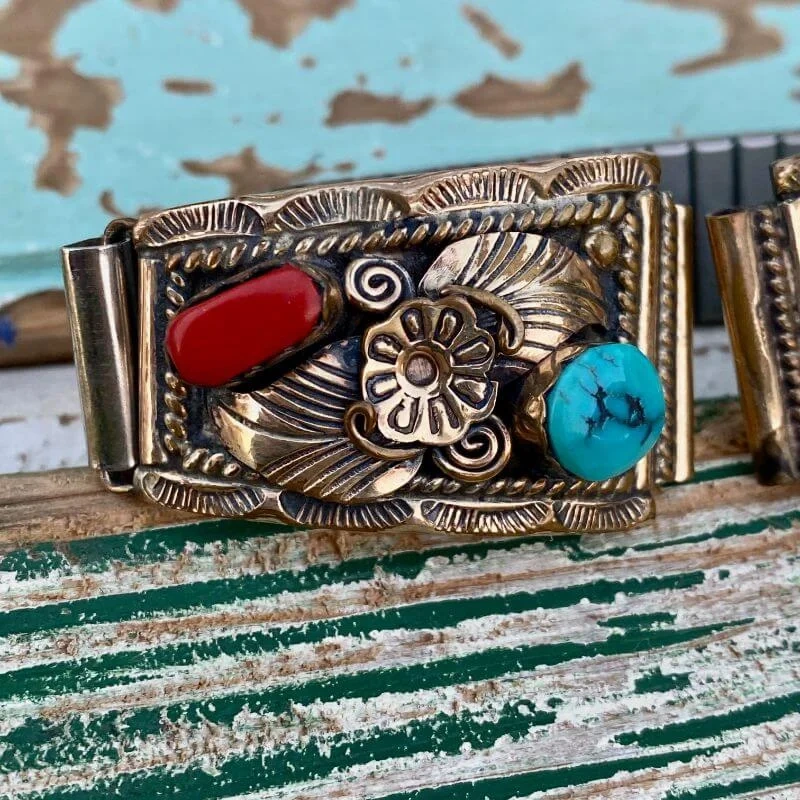 Gold over Sterling Silver Watch Band Plates with Turquoise and Appliqué