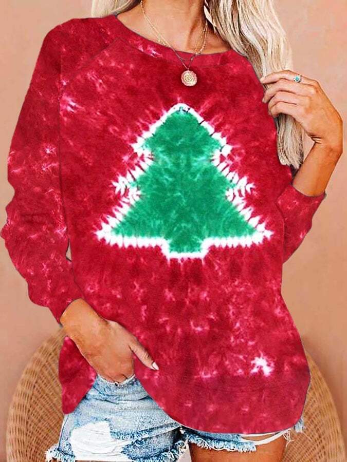 Women's Tie Dye Christmas Tree Print Casual Sweatshirt