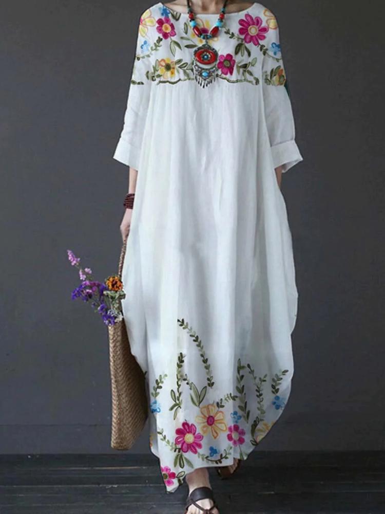 Women's Floral Print Rolled Sleeve Pocket Maxi Dress