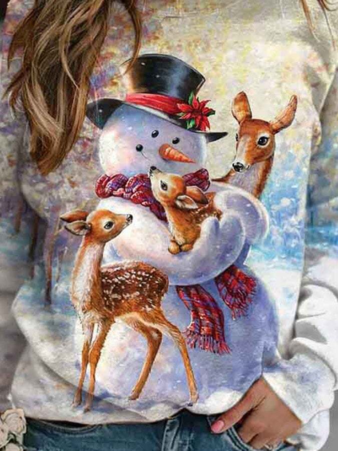 Christmas Snowman & Deer Print Sweatshirt
