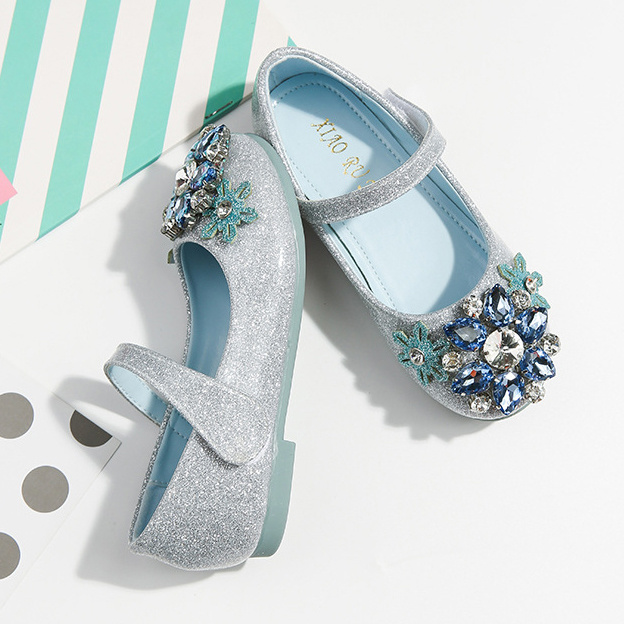 Girls Elegant Blue Crystal Silver Princess Shoes