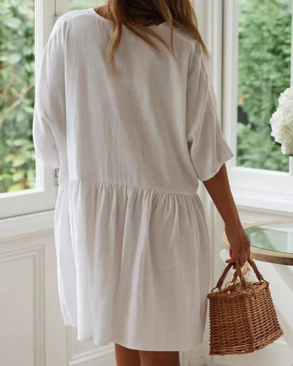 Mini Cotton and Linen Short Sleeve V-neck Dress