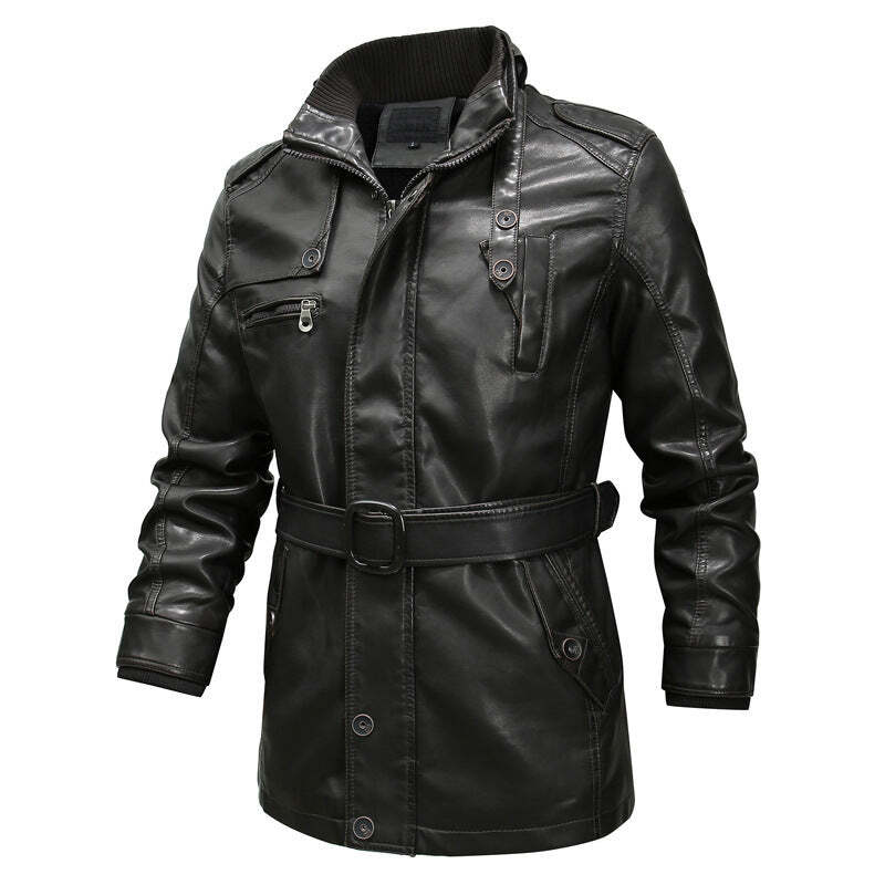 Men's With Belted Motorcycle Washed Leather Jacket