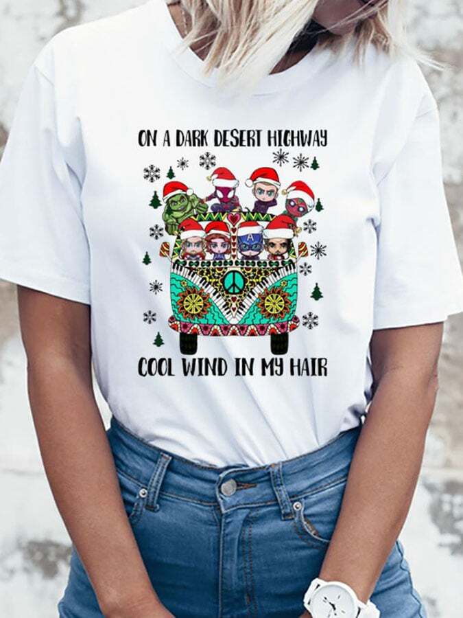 Santa Hippie On A Dark Desert Highway Cool Wind In My Hair Print T-Shirt
