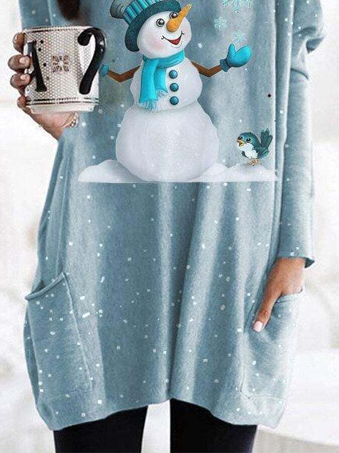Christmas Snowman Pocket Print Long Sleeve Top
