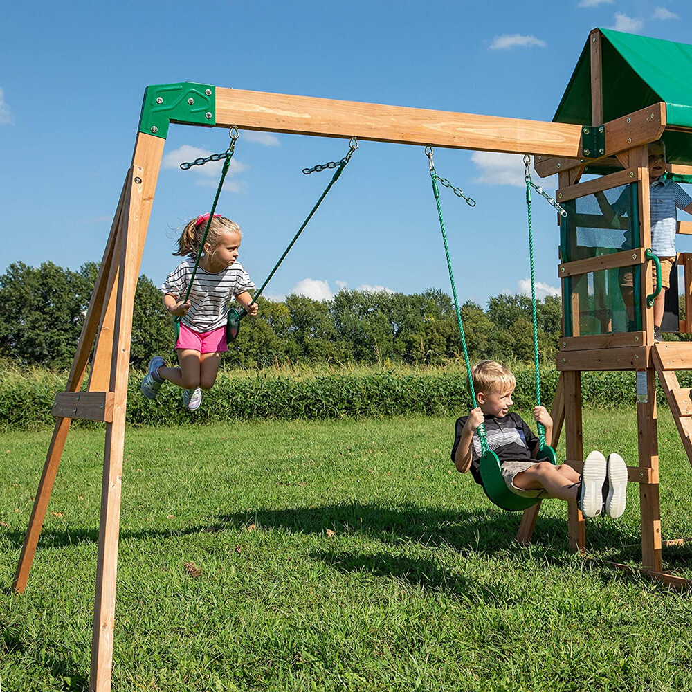 Wooden Swing Set, Made for Small Yards and Younger Children, Two Belt Swings, Covered Mesh Fort with Canopy