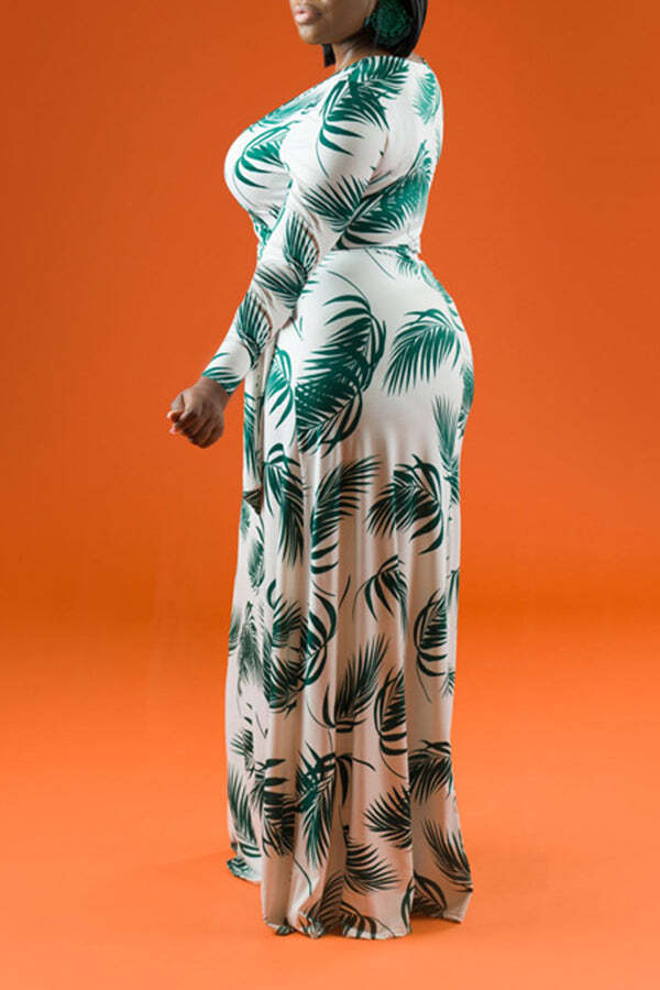 Leaf Print V Neck Maxi Dress