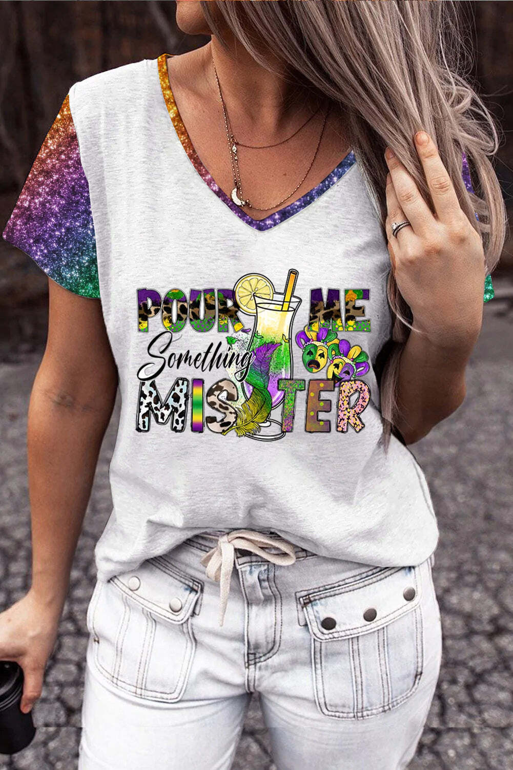 [CLEARANCE SALE]Pour Me Something Mister Mardi Gras Glitter Multicolor Printed V Neck Short Sleeve T-shirt