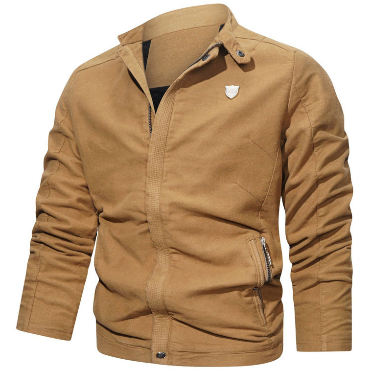 Men's Casual Washed Cotton Solid Color Stand Collar Jacket