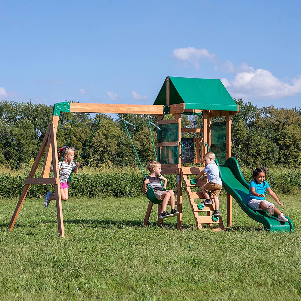 Wooden Swing Set, Made for Small Yards and Younger Children, Two Belt Swings, Covered Mesh Fort with Canopy