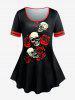 Rose Skull Print Ringer Tee and Plaid High Waisted Leggings Plus Size Outfit