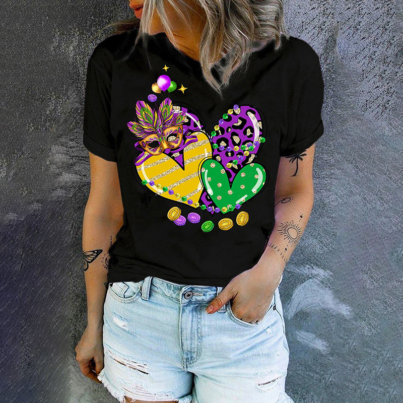 [CLEARANCE SALE]Mardi Gras Heart-Shaped Round Neck Casual T-Shirt