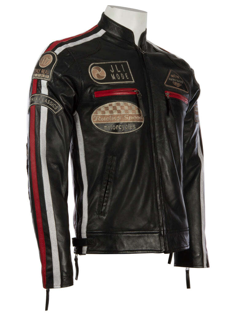 Men's Super-Soft  Leather Band Collar Patch Fashion Biker Jacket (CXUS) - Black