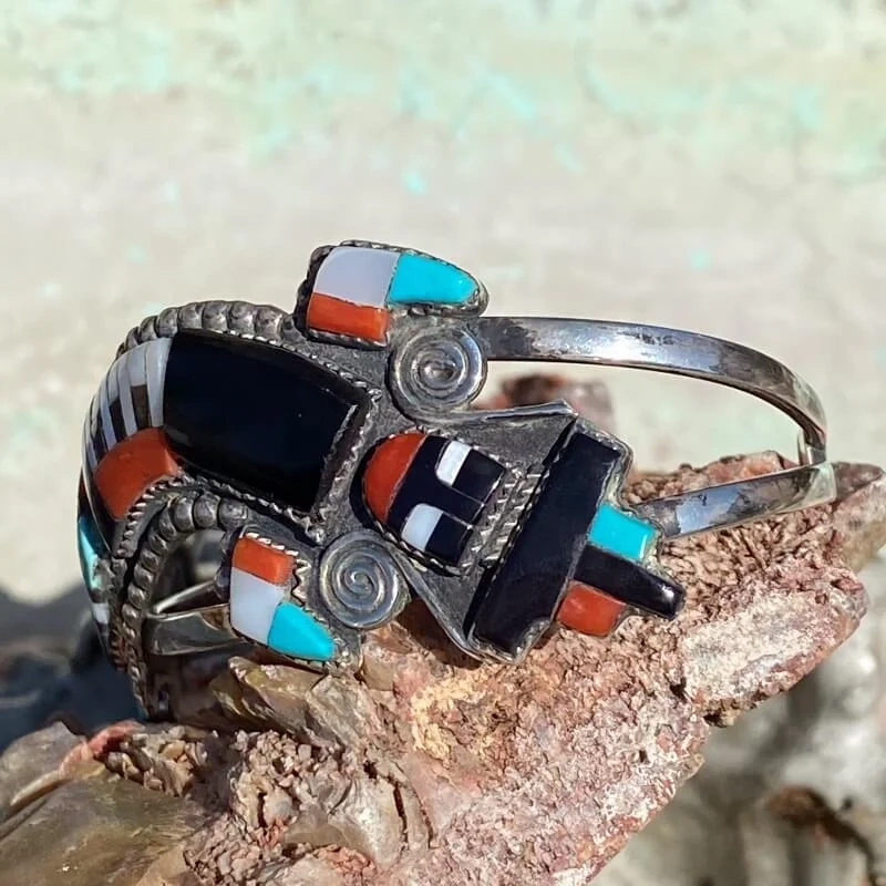 Vintage Rainbow Man Bracelet In Sterling Silver by Zuni Artists Herbert and Esther Cellicion