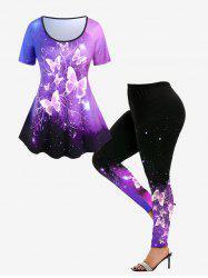 Butterfly Galaxy Print T-shirt and High Waist Butterfly Print Leggings Plus Size Matching Set