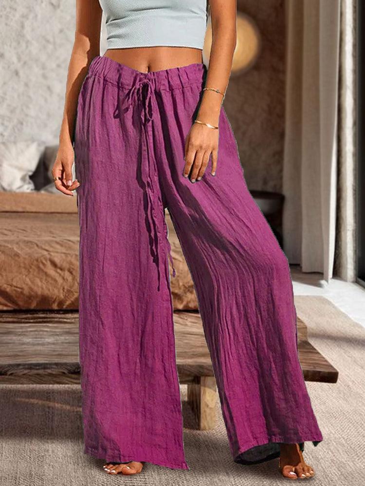 Cotton Casual Loose Soft Drawstring Wide Leg Solid Color Slit Straight Pants