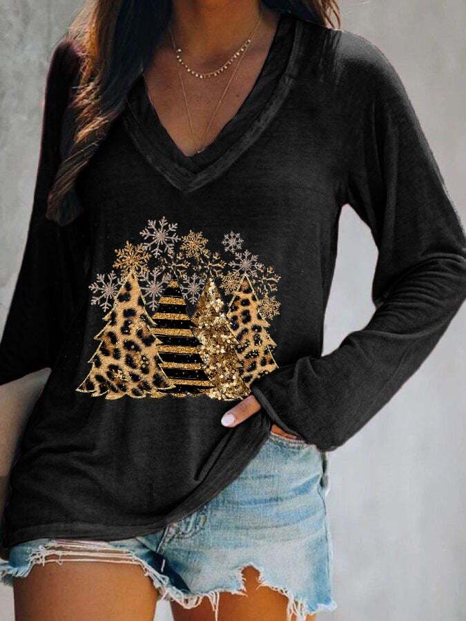 Women's Leopard Christmas Tree Print V-Neck Long Sleeve T-Shirt
