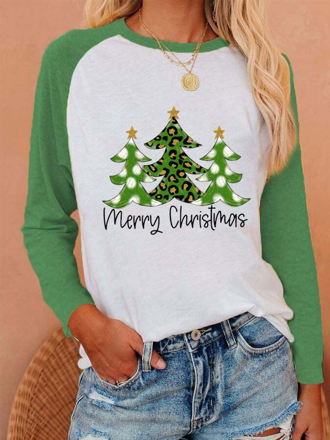 Women's Merry Christmas leopard tree Print Casual Long-Sleeve T-Shirt