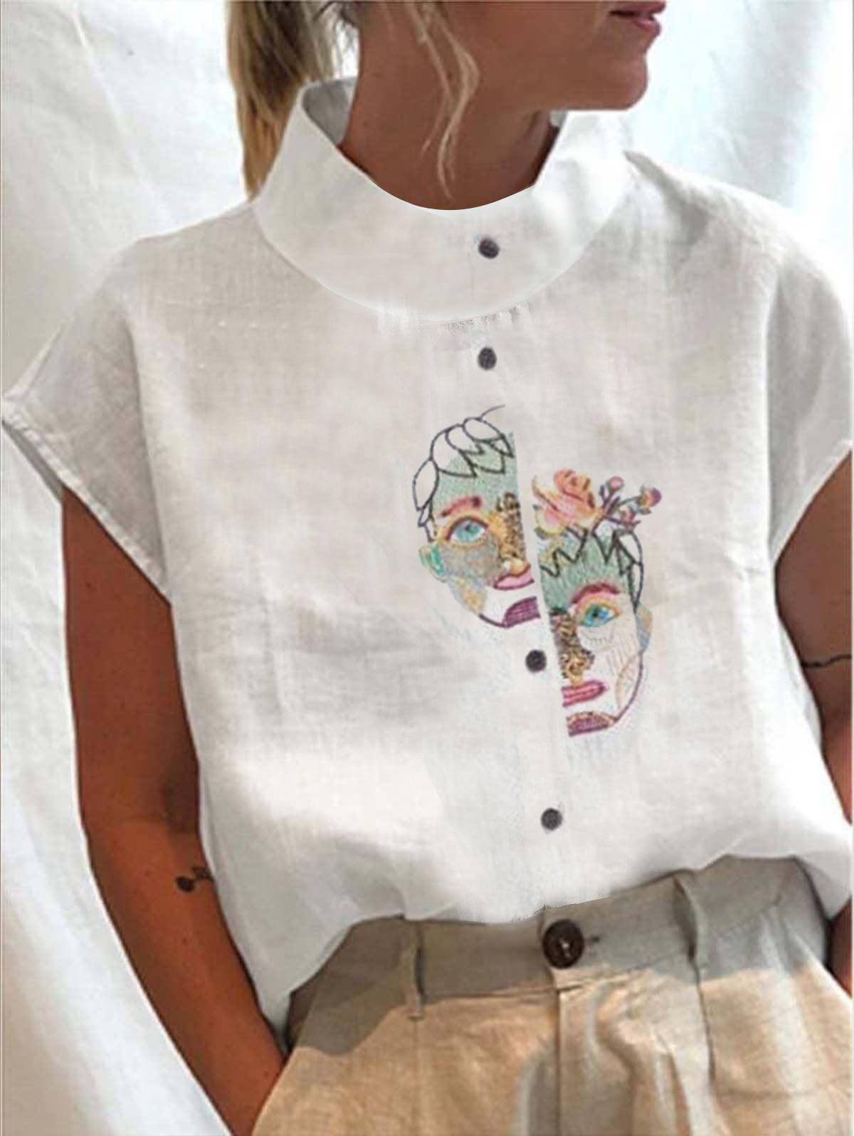 Women's Figure Print Stand Collar Button T-Shirt