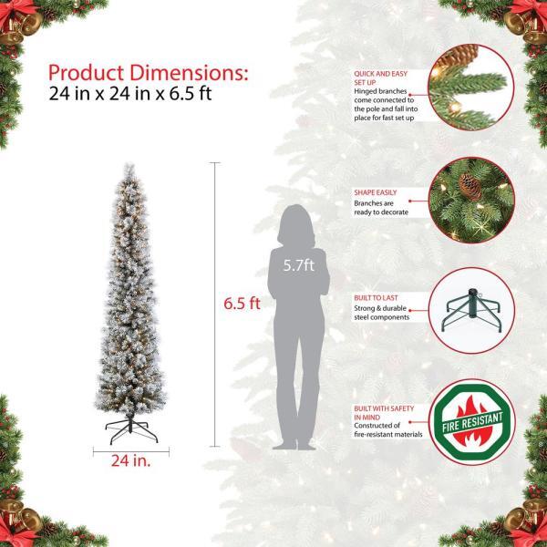 6.5 ft. Pre-Lit Flocked Portland Pencil Artificial Christmas Tree with 300 UL- Listed Clear Lights 3
