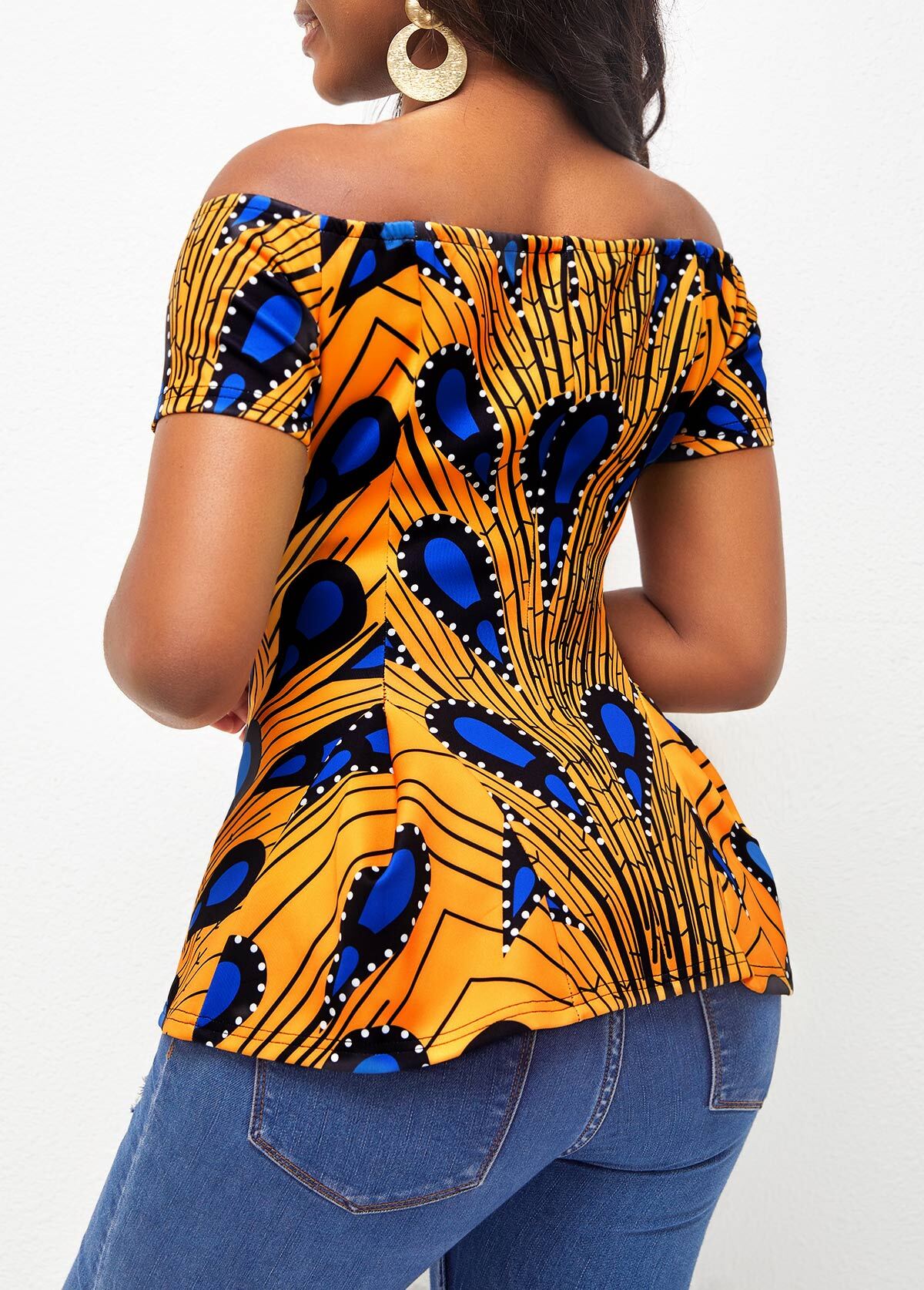 Ginger Peacock Feather Print Off Shoulder T Shirt