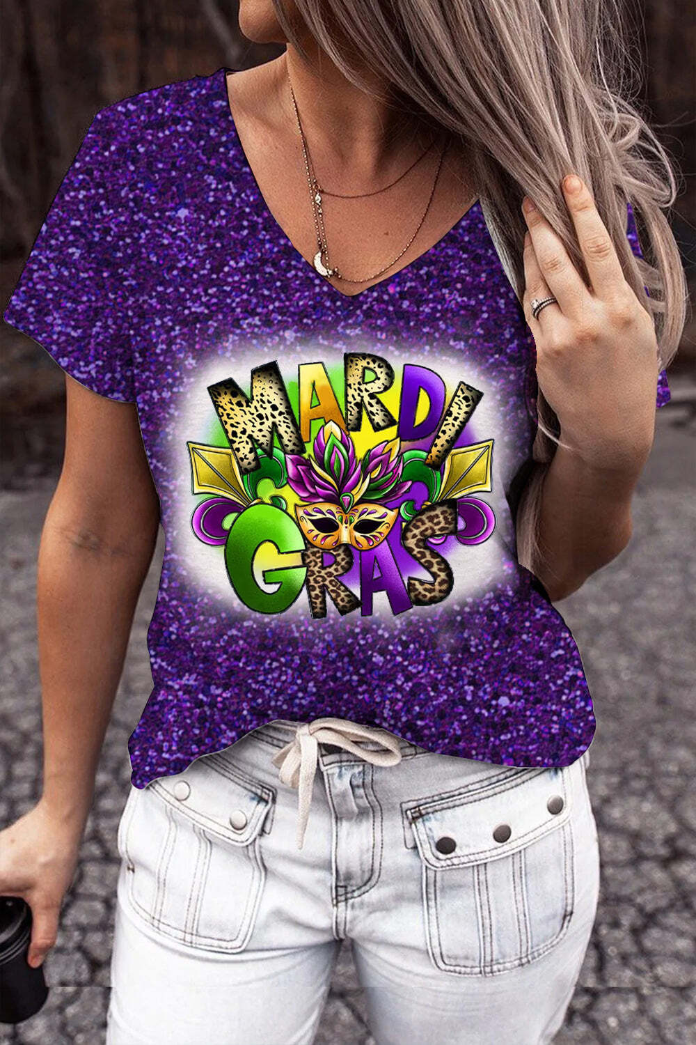 [CLEARANCE SALE]Glitter Mardi Gras Carnival Mask Print T-Shirt V Neck Short Sleeve T-shirt