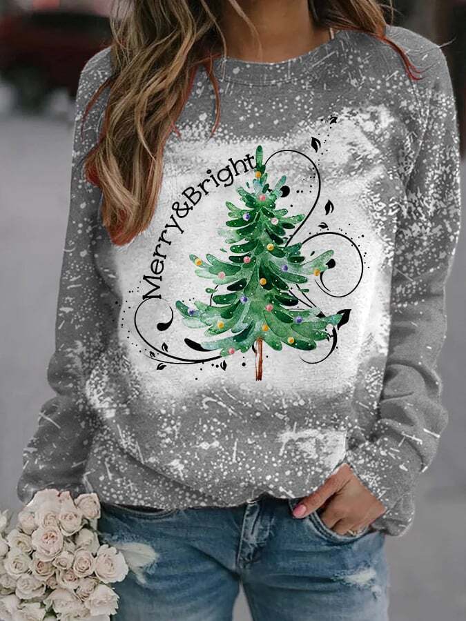 Women's Merry And Bright Christmas Tree🎄 Bleach Print Casual Sweatshirt