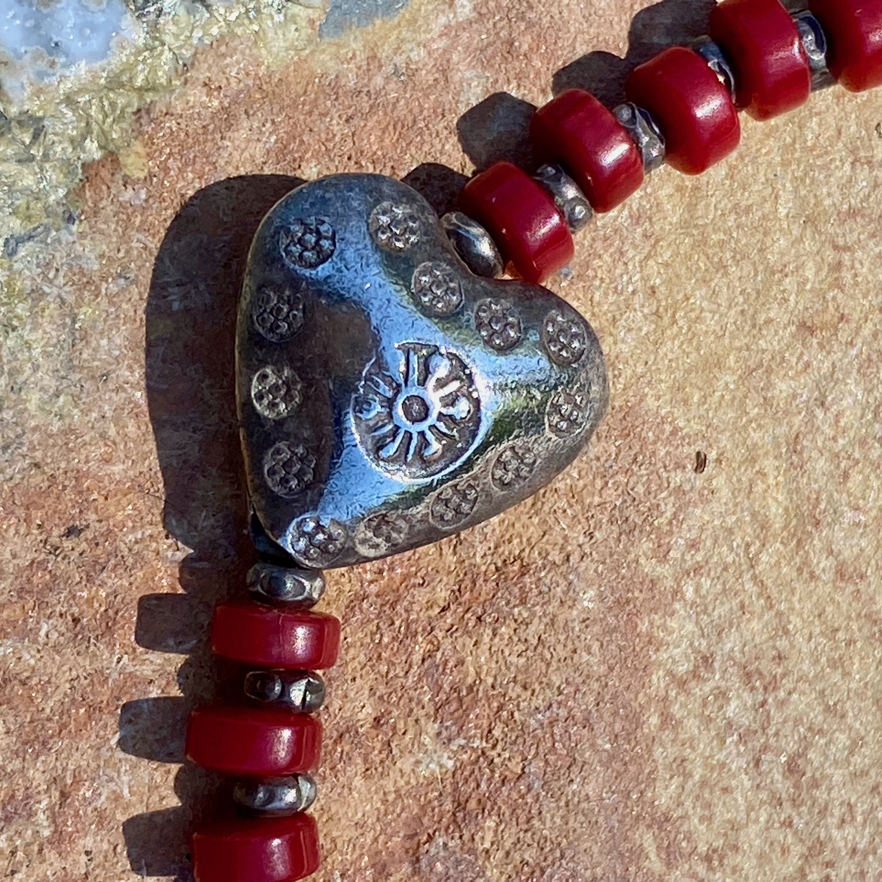 Rustic Heart Bracelet with Deep Red and Silver Beads