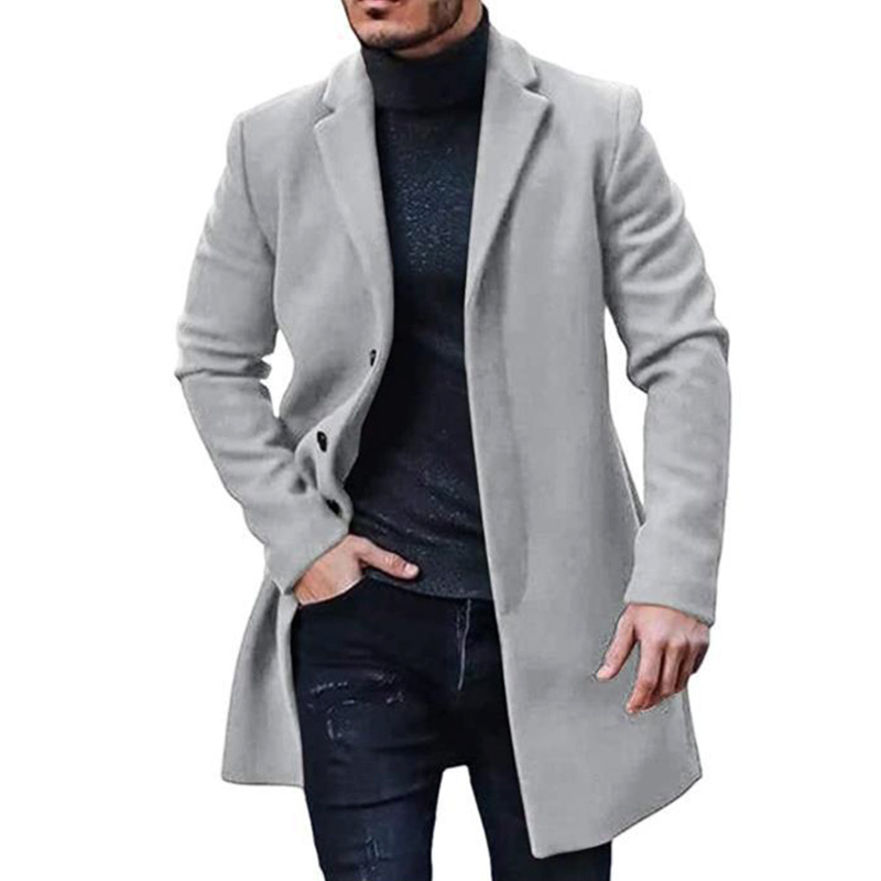 Men's Fashion Solid Color Basic Jacket Mid Wool Coat