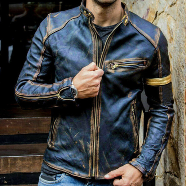 Men's stand-up collar punk motorcycle retro leather jacket