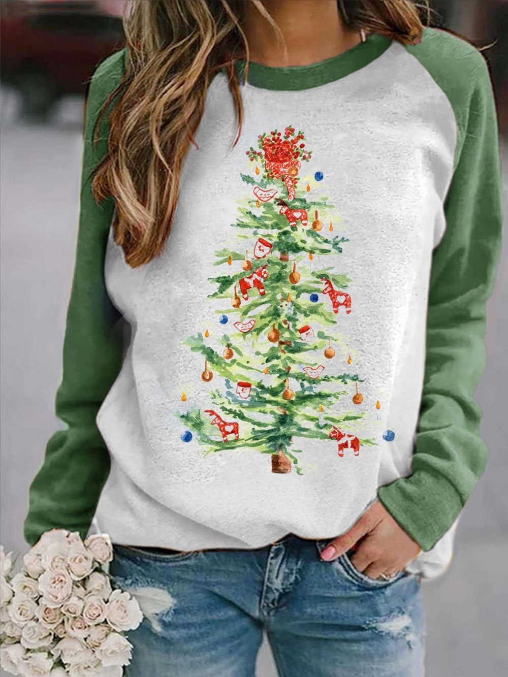 Women's Merry Christmas Tree Painting Print Sweatshirt