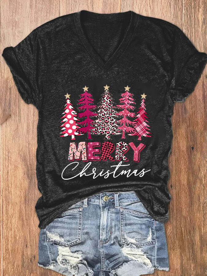 Women's Christmas Tree Merry Christmas Print T-Shirt