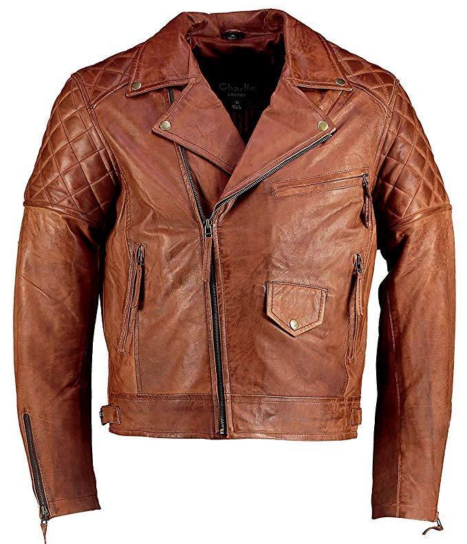 Mens Ashwood Diamond Vintage Brown Biker Style Leather Jacket