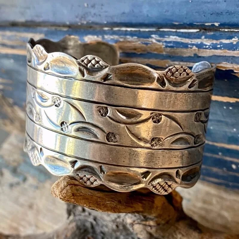 Wide Sterling Silver Cuff Bracelet with Stamp Decoration