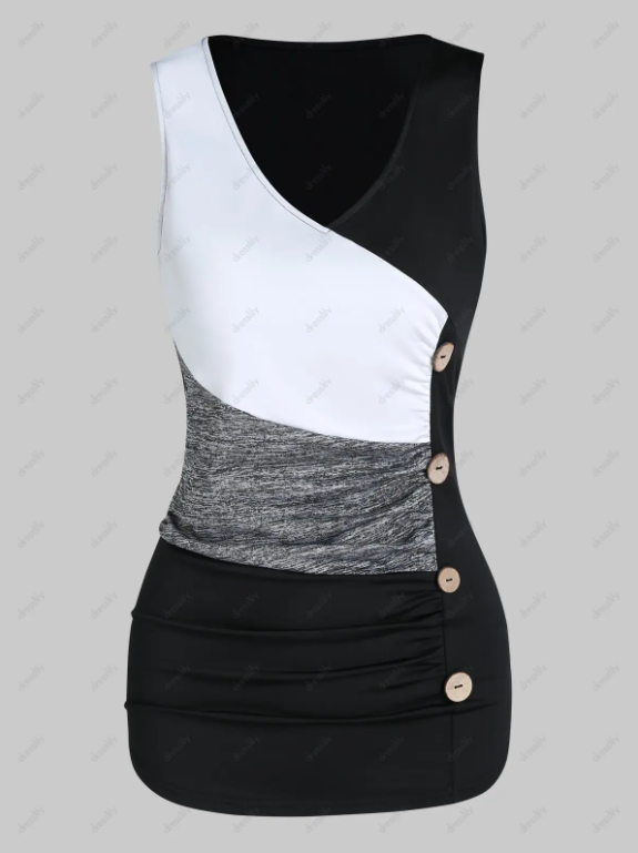Mock Button Colorblock Ruched Tank Top And Plain Color High Waist Capri Outfit