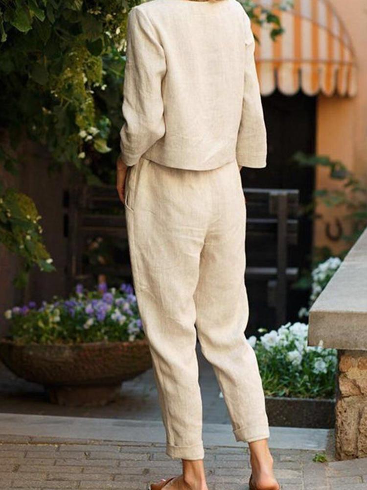 Cotton&Linen Casual Loose Long Sleeve Two Piece Set