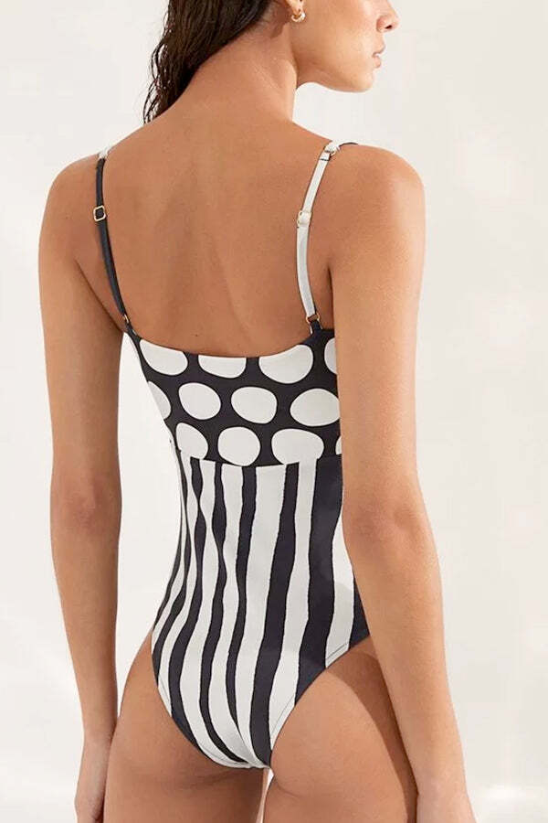 Swimsuit With Poa Print and Black Stripes