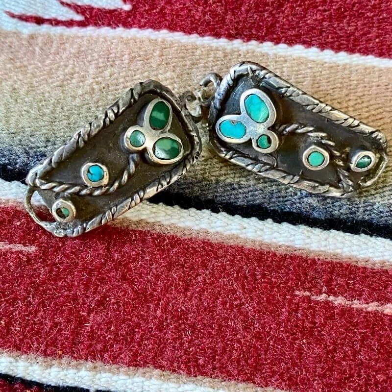 Vintage Navajo Watch Band Plates with Turquoise Inlay in Sterling Silver