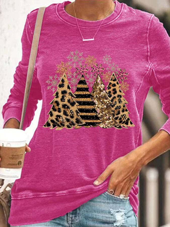 Women's Leopard Christmas Tree Print Crew Neck Sweatshirt