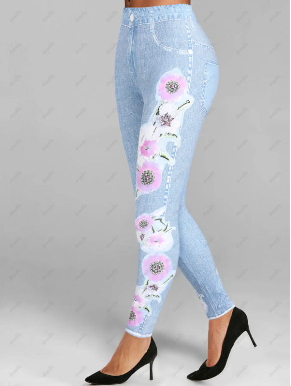 Ombre Denim 3D Print Long Sleeve Top And Flower Skinny Jeggings Outfit