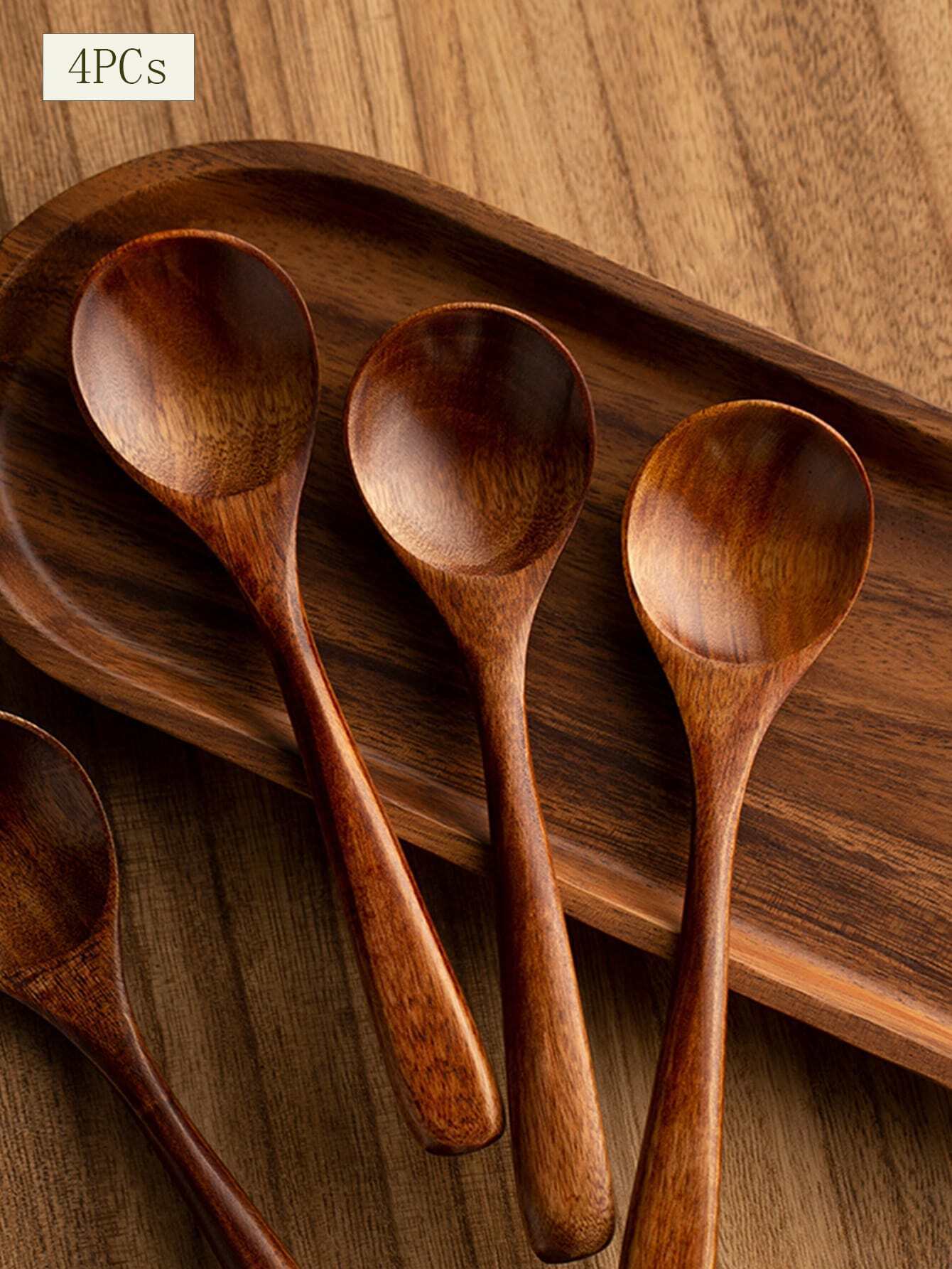 4pcs Wooden Spoon,Delicate Wooden Vintage Spoon